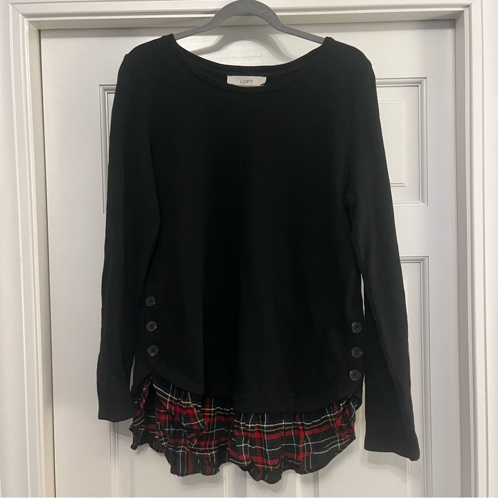 LOFT Black Knit Top with Plaid Detail